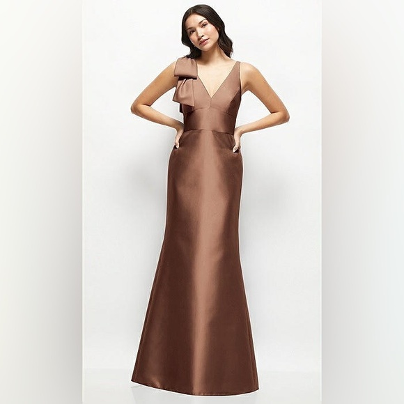 NWT Alfred Sung Deep V-Back Satin Trumpet Dress, One-Shoulder Bow in Cognac, 12R - Picture 3 of 16